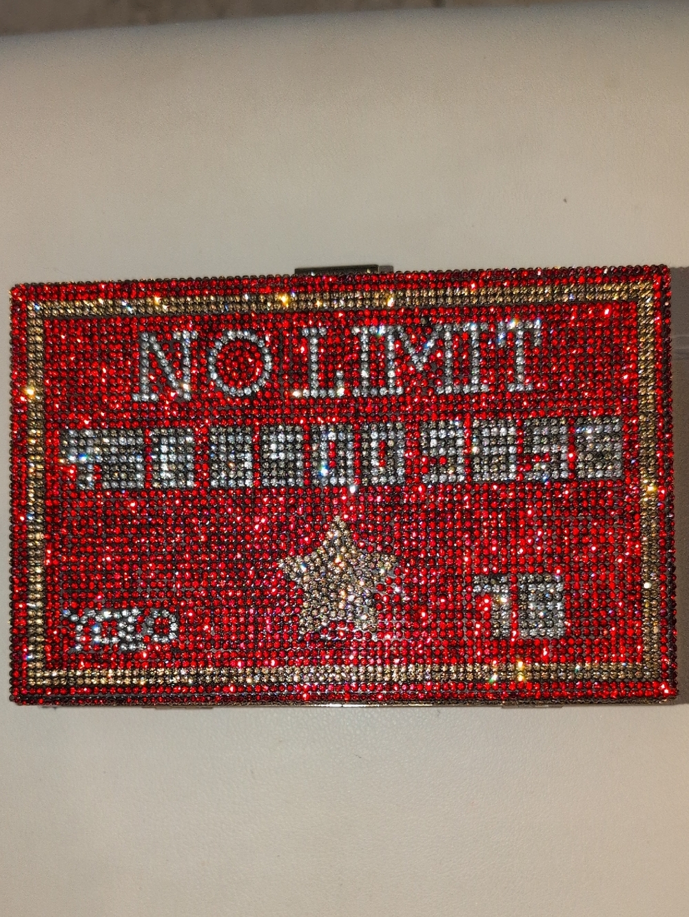 CALE Red Crystal 'NO LIMIT'  Clutch With Gold Tone Shoulder Strap